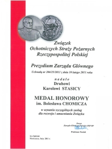 Medal Honorowy im. Bolesawa Chomicza - Dyplom
